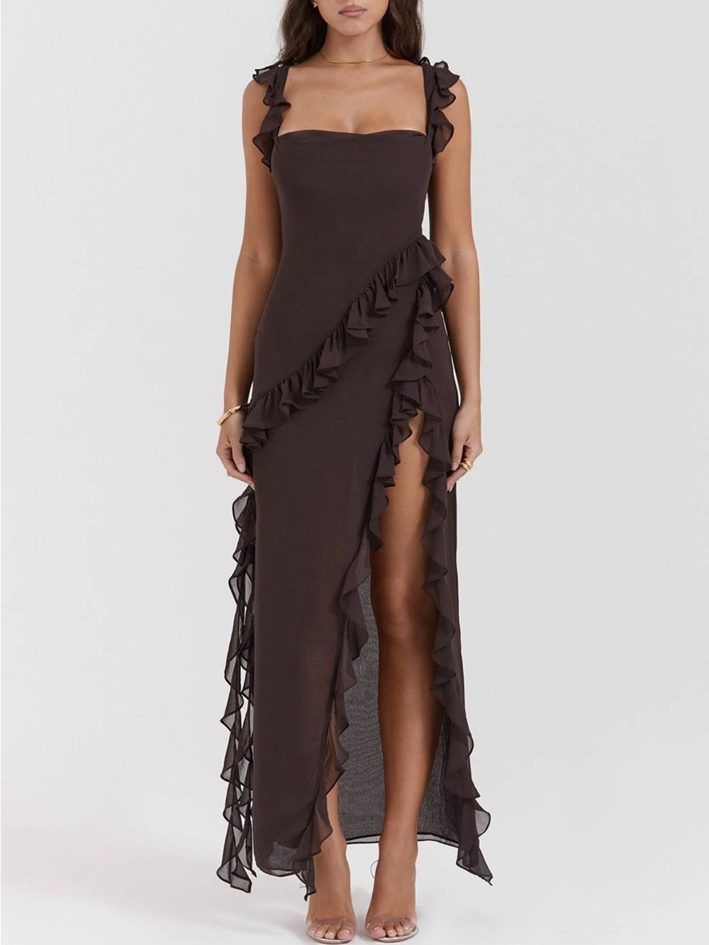House of CB Ariela espresso / brown Ruffle Dress NWOT